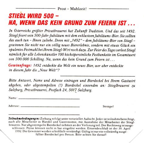 salzburg s-a stiegl 8eck 4b (180-stiegl wird 500 1992-schwarzrot)
